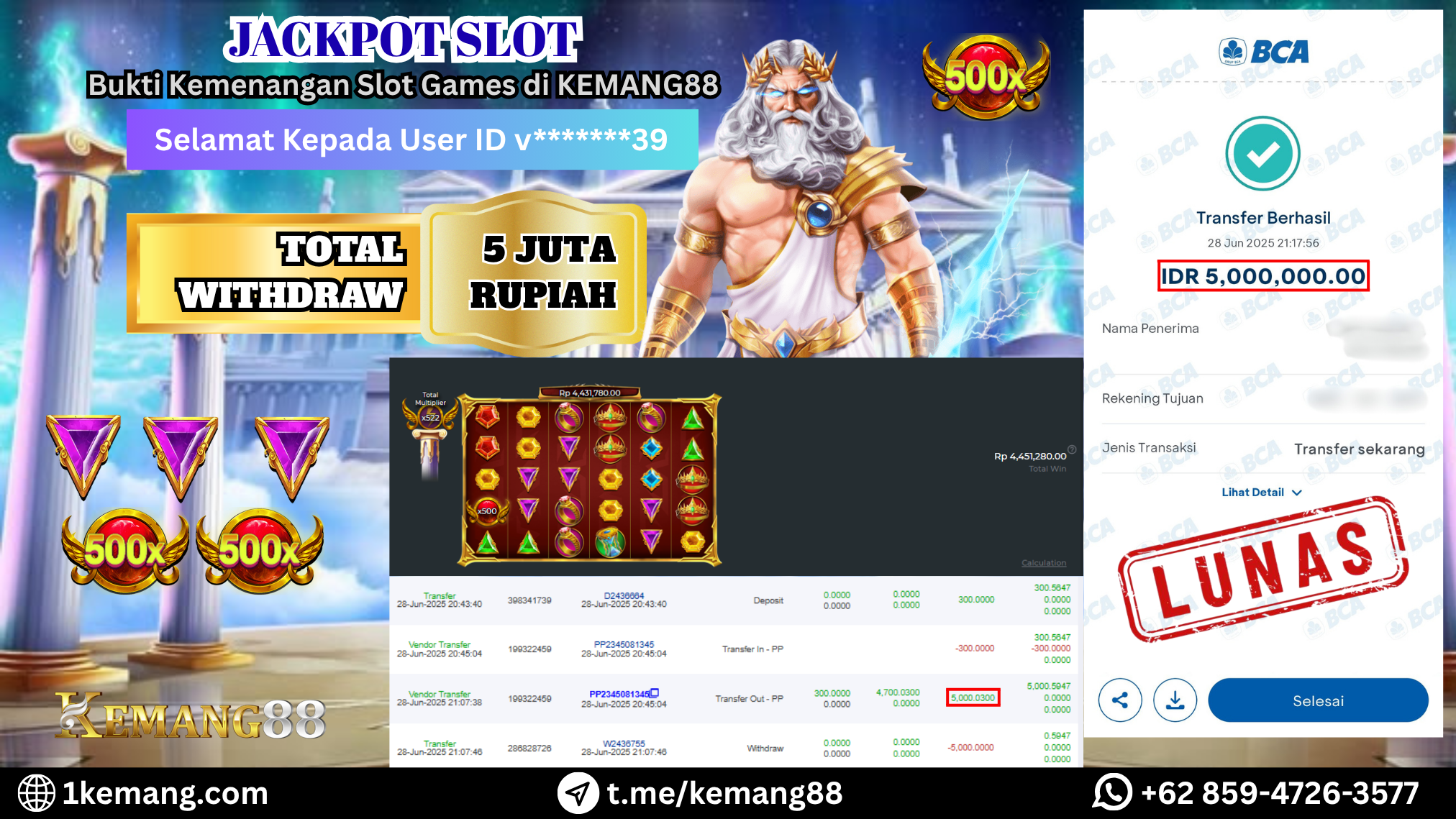 KEMANG88 [28 JUNI 2025] : JACKPOT NEXUS GATES OF OLYMPUS Rp.5.000.000.,- LUNAS